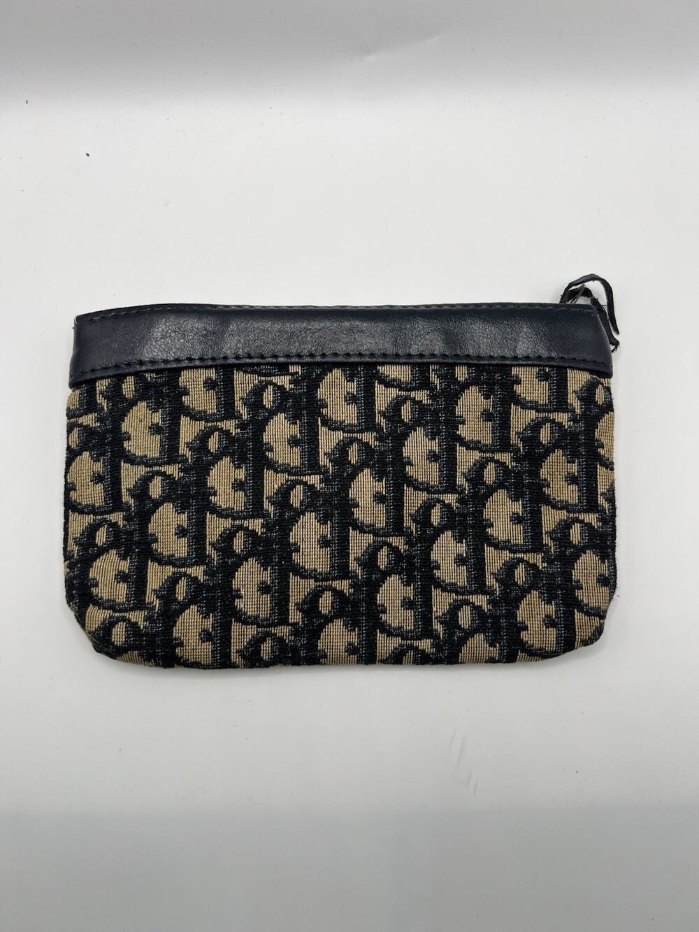 Vtg 1980s Christian Dior Navy Blue Trotter Canvas and Leather Zip Pouch Wallet